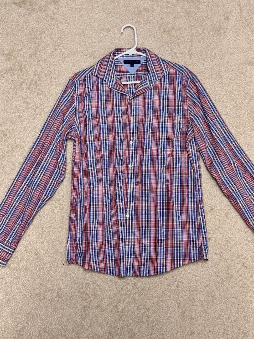 Tommy Hilfiger Men's Red Blue Plaid Button Front Long Sleeve Shirt Size M Very G